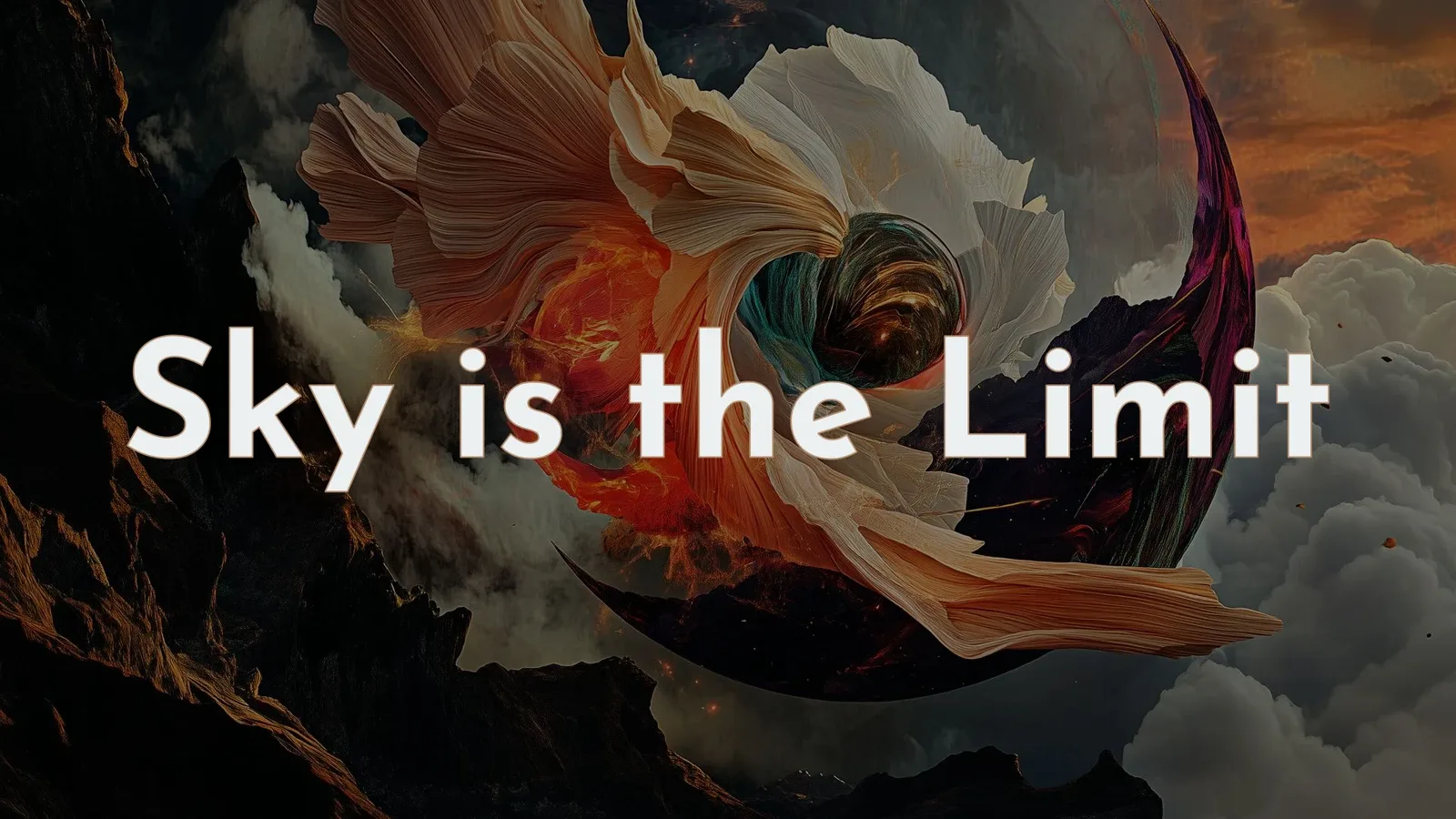 Abstrakcyjna grafika AI w surrealistycznym stylu, jasny napis Sky is the Limit na tle ciemnych gór i chmur