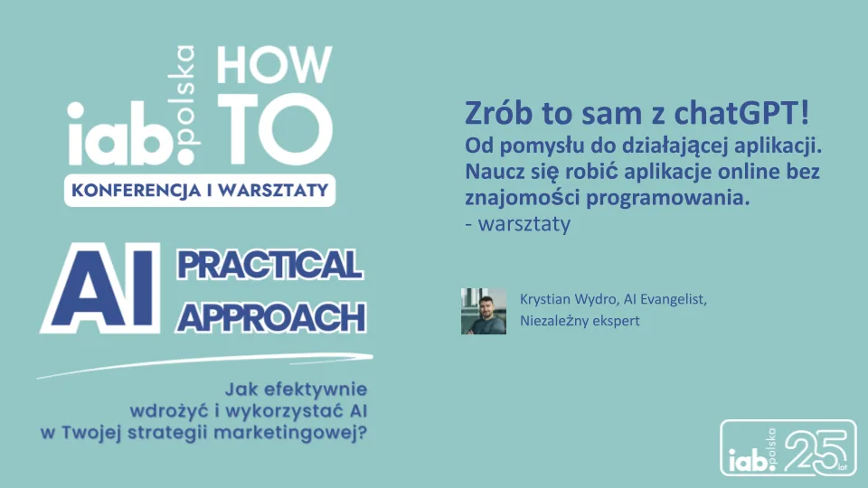 Grafika warsztatu Krystiana Wydro z ChatGPT na IAB HowTo 2024