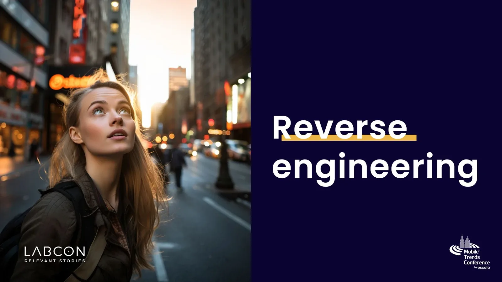 Slajd „Reverse engineering” ze zdjęciem kobiety na ulicy Nowego Jorku