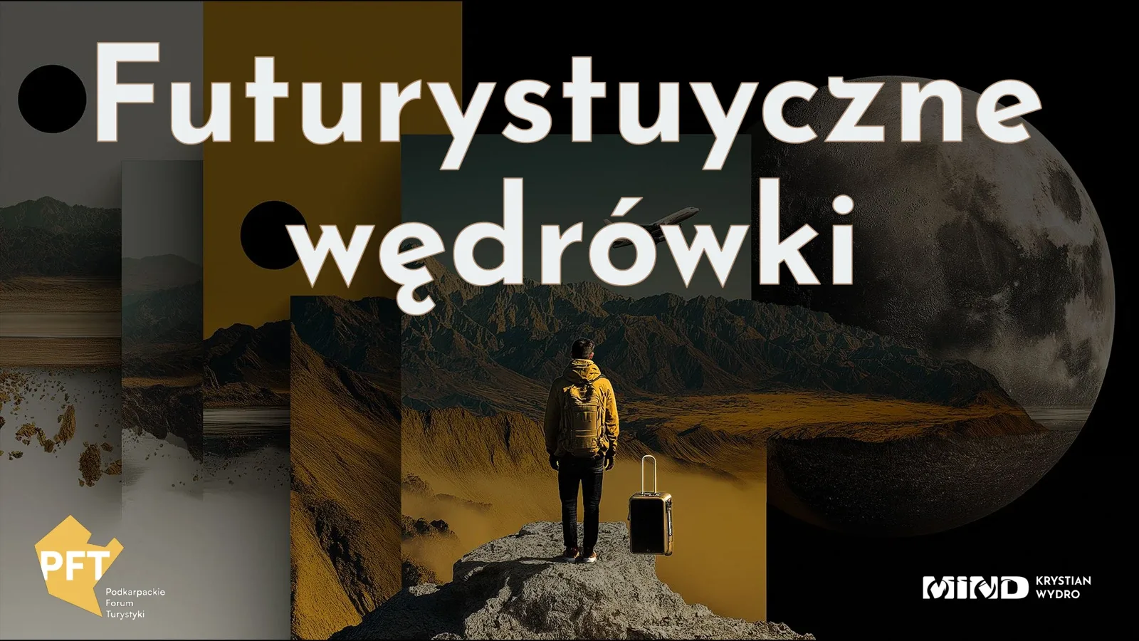 Slajd tytułowy „Futurystyczne wędrówki” z wędrowcem na tle gór