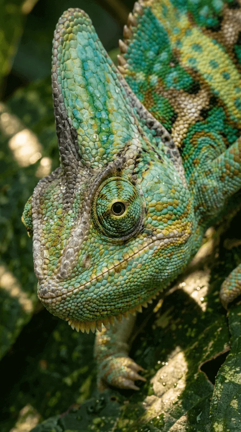 Grafika wygenerowana z AI: zielony kameleon na liściu z bliska