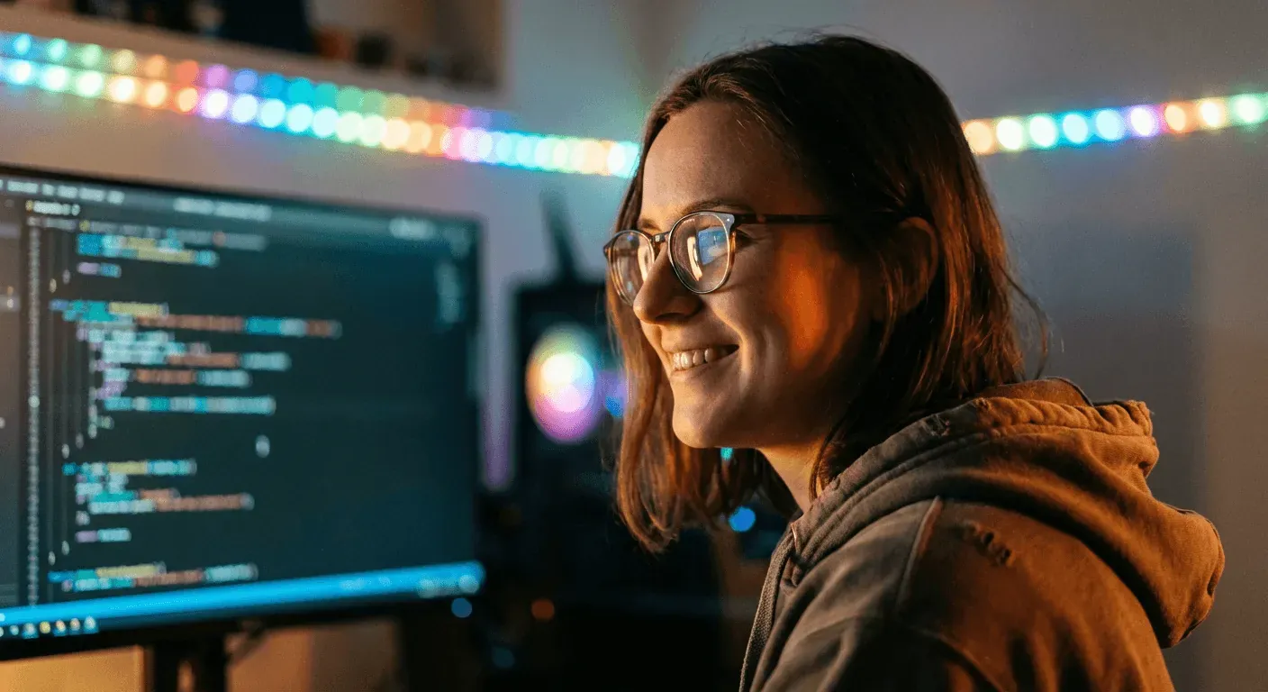 Grafika wygenerowana z AI: uśmiechnięta programistka w okularach przed monitorem z kodem