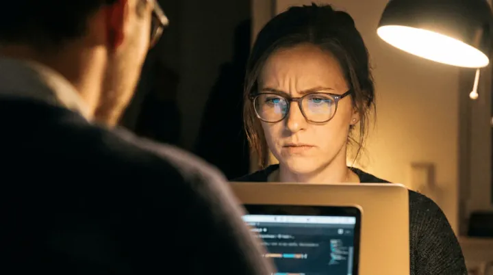 Grafika wygenerowana z AI: kobieta w okularach przy laptopie, naprzeciw niej mężczyzna
