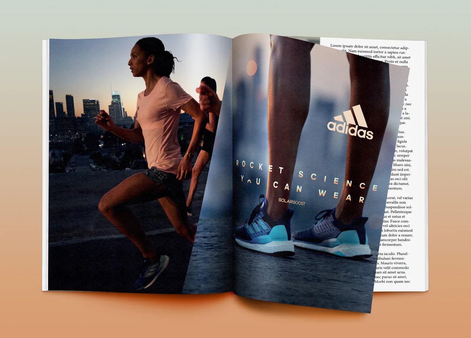 Rozkładówka adidas Solarboost z biegaczkami i butami na tle miasta