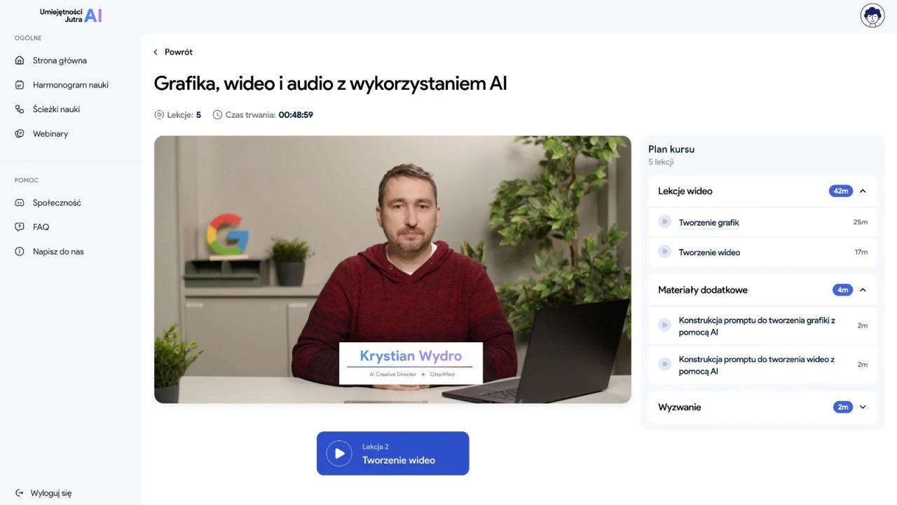 Platforma kursu Umiejętności Jutra AI z lekcją wideo Krystiana Wydro i planem kursu